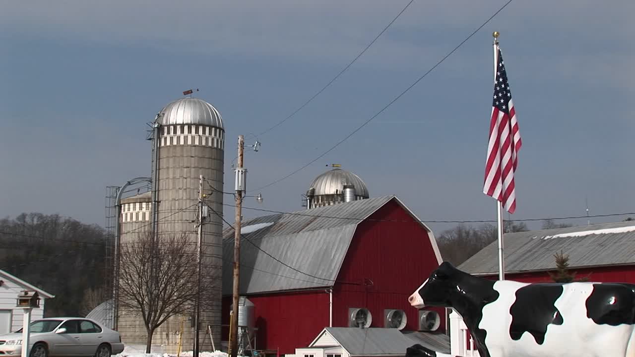 la cámara captura una granja estadounidense con silos, granero rojo, bandera estadounidense y una réplica de tamaño natural de una vaca