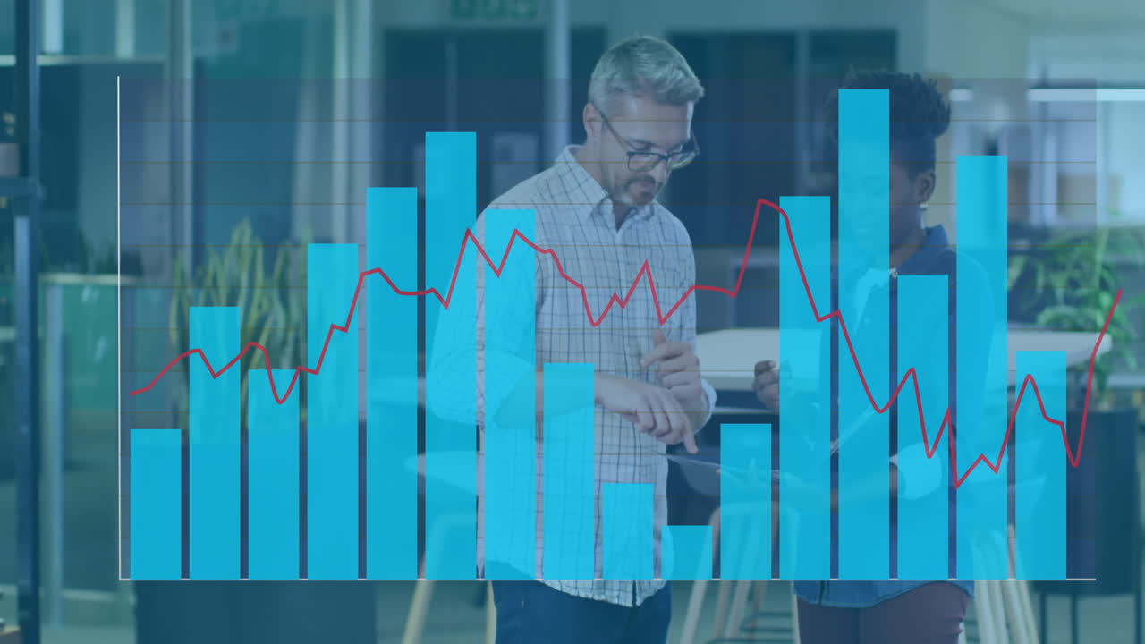 Colleagues checking smartwatch and reviewing tablet stats, animating finance bar chart  and  line gr