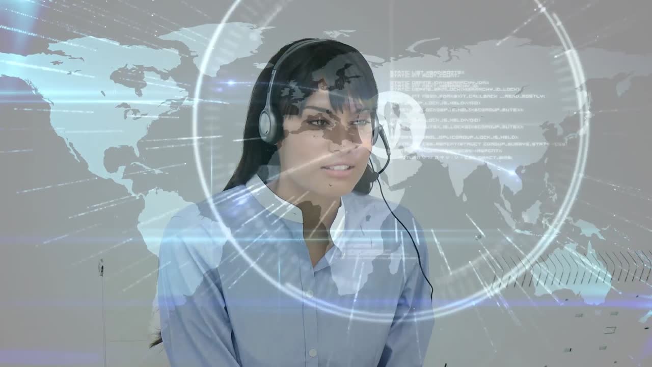 Animazione di reti di connessioni su una donna d'affari che usa auricolari telefonici