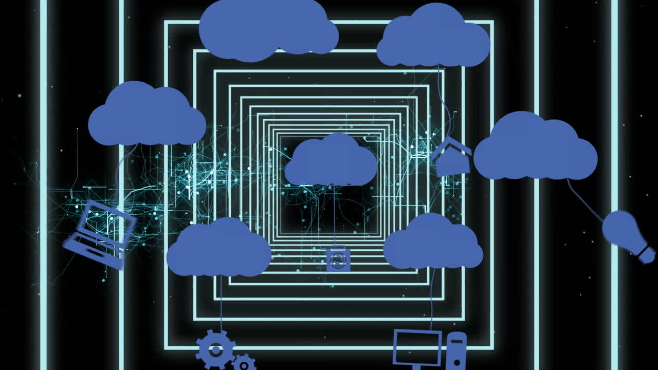 animación de nubes con iconos sobre cuadrados de neón