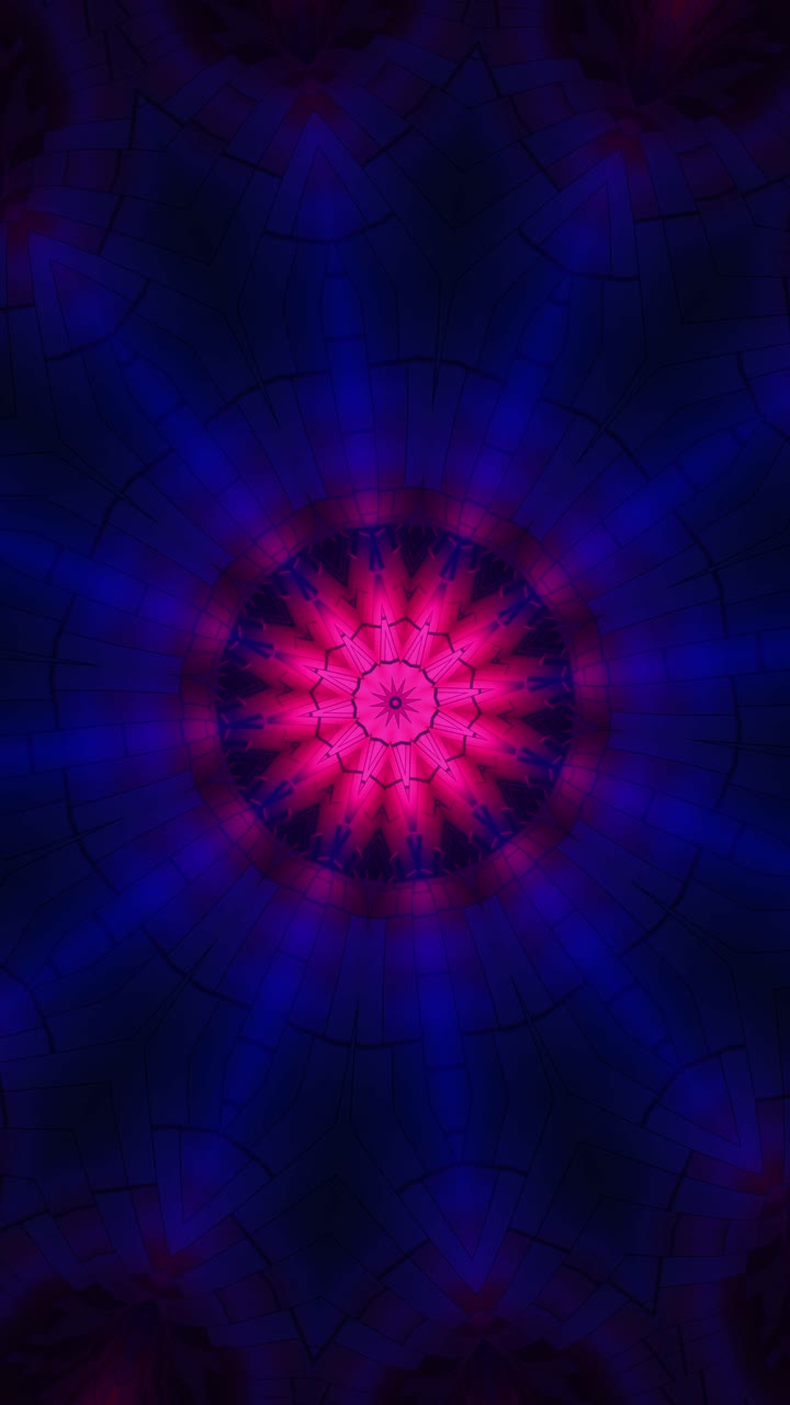 Sfondo blu e rosso con design circolare al centro. Loop VJ caleidoscopico verticale