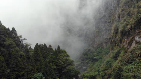 Aerial-drone-shot-of-a-foggy-canyon-in-Sun-Link-Sea-National-Forest-Recreation-Area,-Taiwan