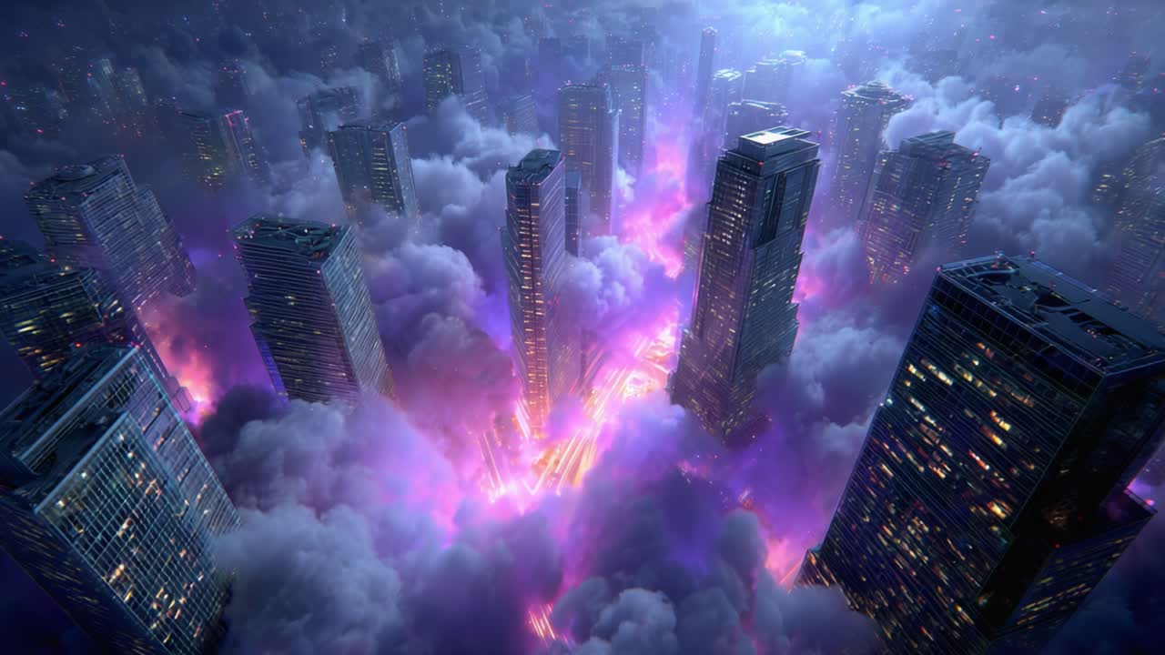 Surreal Urban Landscape: A Stunning View of Towering Skyscrapers Eclipsed by Ethereal Clouds and Vibrant Purple Lights in a Futuristic Cityscape