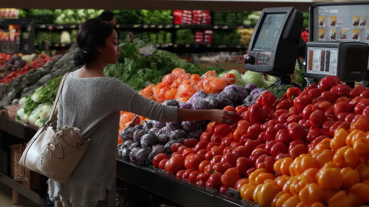 A Shopper Examines Fresh Produce Options in a Vibrant Grocery Store, Surrounded by Colorful Vegetables and Fruits, Prompting Healthy Choices and Culinary Inspiration