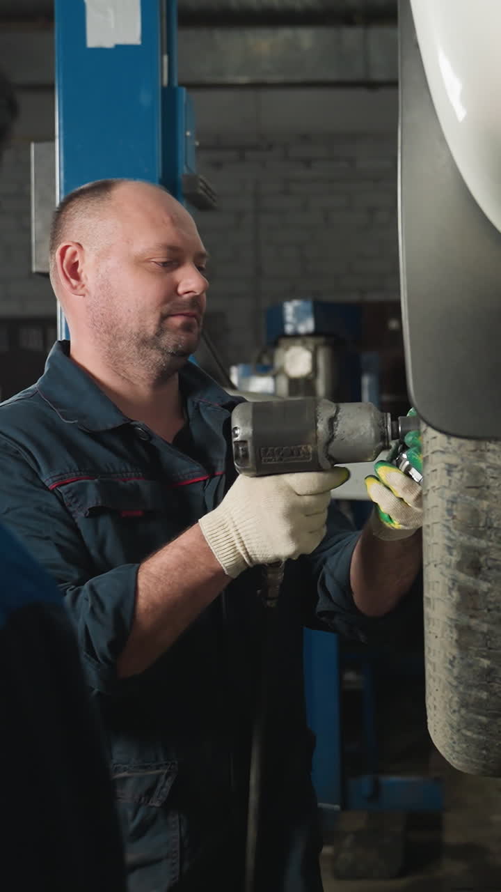 Back view of a mechanic in blue uniform watching his colleague use a pneumatic tool to loosen the bolt of a car in a garage, mechanic receives a bolt to hold while the vehicle remains lifted