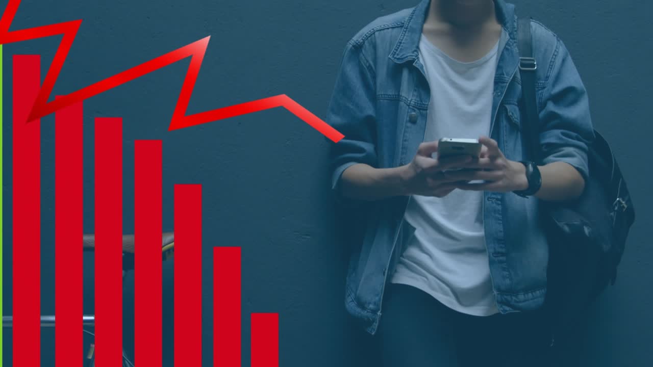 Animation of red graph moving over man with bicycle using smartphone
