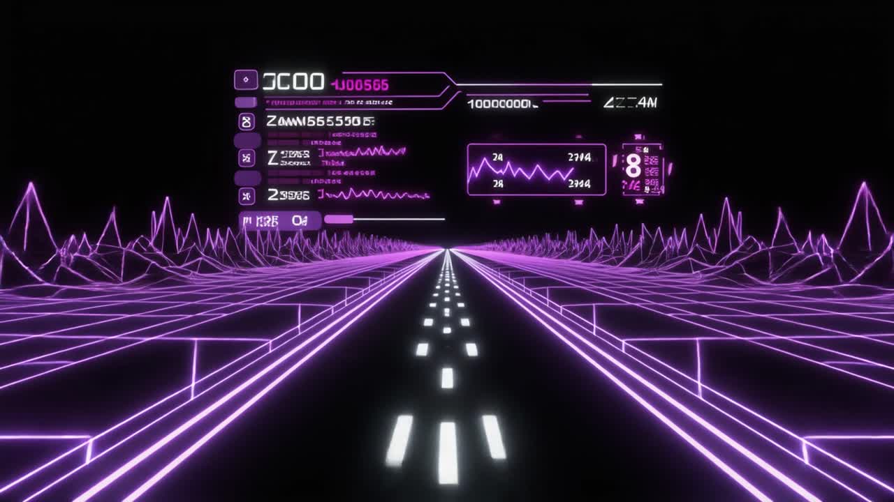 Strada Digitale Retro-Futuristica con Interfaccia HUD e Griglia al Neon