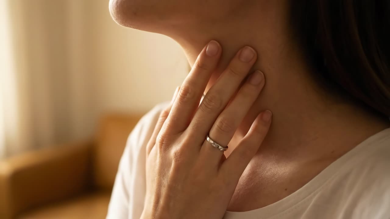 Primo piano di una donna che tocca il collo a causa di dolore o fastidio
