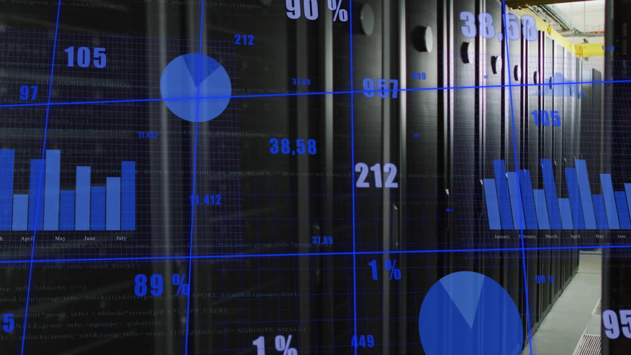 animación del procesamiento de datos estadísticos a través de la red de red contra la sala de servidores informáticos
