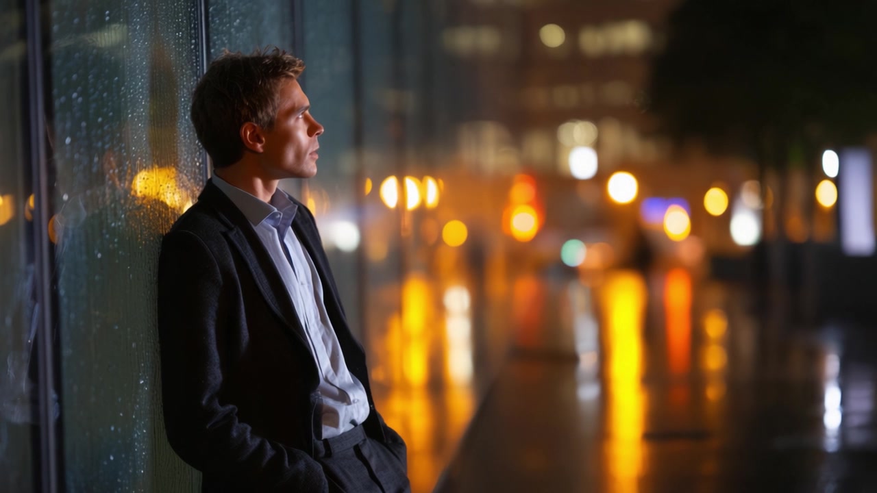 Un uomo pensieroso sta in piedi contro una parete di vetro bagnata dalla pioggia, illuminato dalle luci brillanti della città di notte, catturando un momento di quieta riflessione in mezzo all'atmosfera urbana.