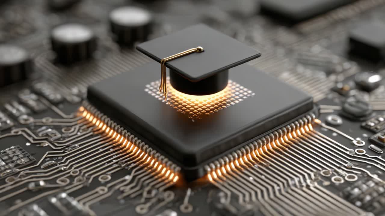 A Creative Fusion of Knowledge and Technology, Showcasing a Graduation Cap Hovering Above a Circuit Board Processor, Symbolizing Innovation in Education and Electronics