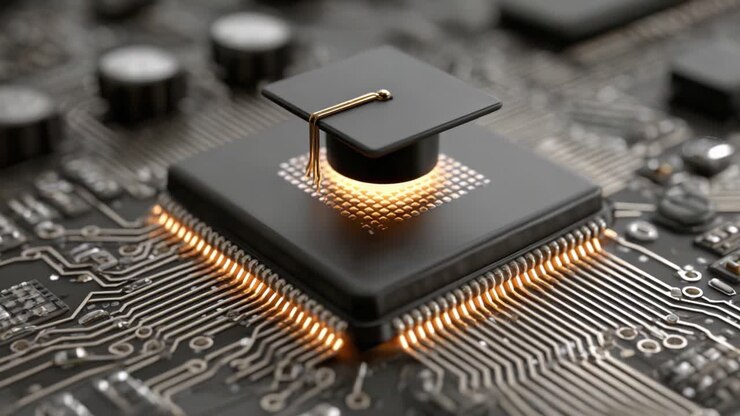 A Creative Fusion of Knowledge and Technology, Showcasing a Graduation Cap Hovering Above a Circuit Board Processor, Symbolizing Innovation in Education and Electronics