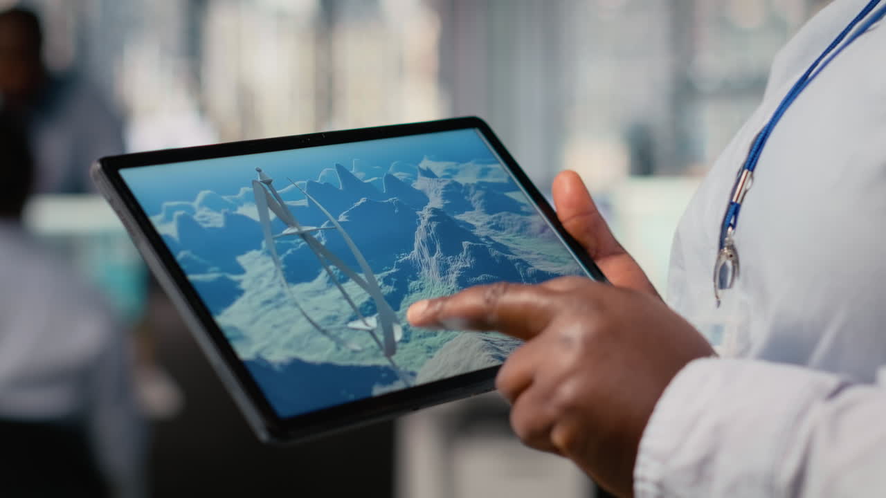 Close Up Of Engineer Working On Futuristic Vertical Wind Turbine Cad Design