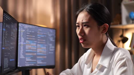 머리가 아픈 아시아 여성 프로그래머가 소프트웨어 엔지니어를 만들고, 집에서 데스크 컴퓨터에서 앱, 프로그램, 비디오 게임을 개발하고, 코딩 언어를 가진 터미널을 만들고 있습니다.
