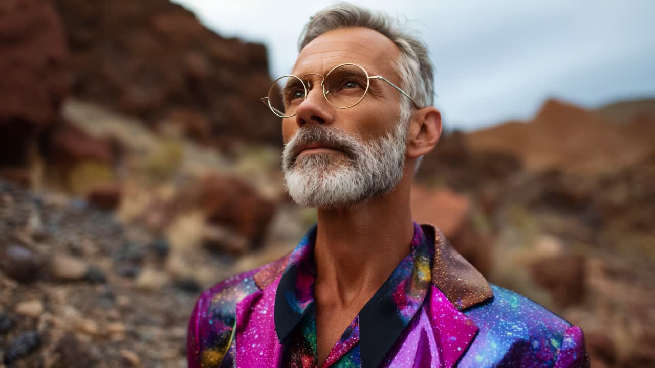 Una persona sicura di sé indossa un completo multicolore vivace su uno sfondo naturale sorprendente, incarnando una miscela unica di moda ed espressione personale