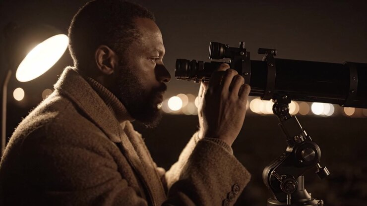 A man gazes intently through a telescope, exploring the night sky filled with distant stars, illuminated by city lights in the background of a serene evening.
