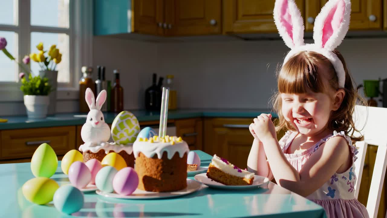 キッチンでイースターを祝う幸せな小さな女の子