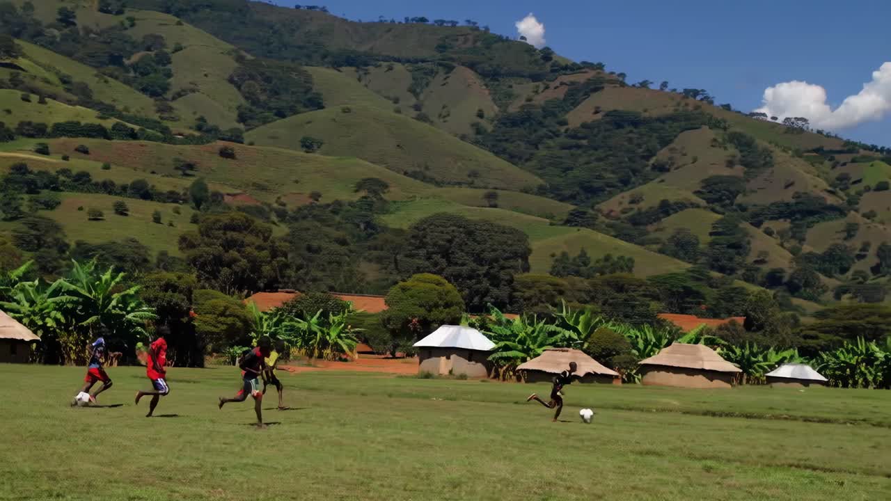 Vista aerea di bambini che giocano a calcio su un campo erboso, circondati da dolci colline e capanne
