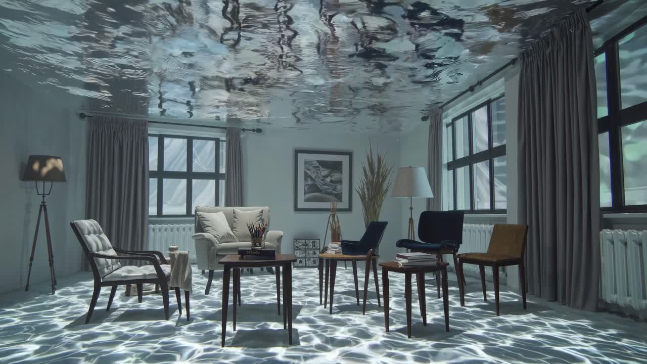 반투명한 물은 주거 인테리어를 통해 캐스케이딩, 가구 채우기, 괴롭히는 빛의 질과 잠긴 꿈 같은 분위기로 장식 된 주거 공간을 채운다.