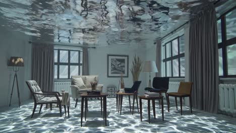 agua translúcida en cascada a través del interior residencial, llenando los muebles adornado espacio de vida con inquietante luz cáustica y sumergido atmósfera de ensueño
