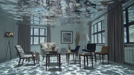 translucent water cascading through residential interior, filling furniture adorned living space with haunting light caustics and submerged dreamlike atmosphere