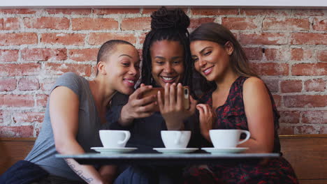 three female friends meeting for coffee sitting at table posing for selfie