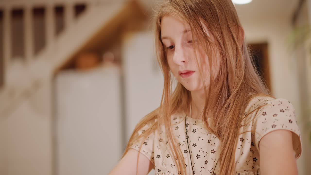 Jovem menina polvilhando farinha sobre a mesa, jovem ajudante caucasiana preparando torta de abóbora de forma divertida, mãos alisando a massa, salpicos de farinha no cabelo, cozinha familiar acolhedora, memória de infância assando