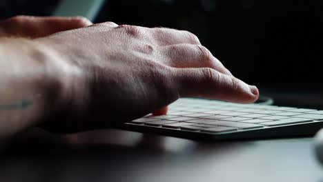 detail-oriented individual engaged in typing on a sleek keyboard, embodying the art of digital content creation