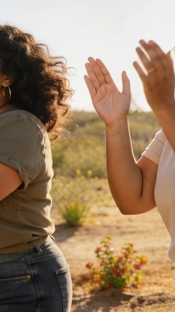 Video vertical: Manos levantadas, mujer de la derecha empezando a aplaudir en el desierto, celebrando, anillos visibles