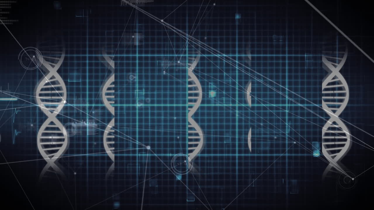 Animation of scientific data, dna and connections over black background