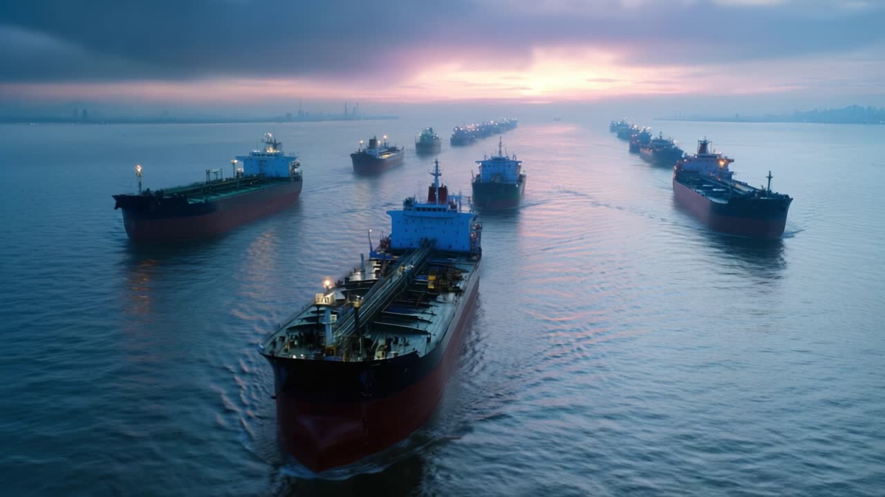Store fragtskibe sejler i formation over roligt vand. Solnedgangen farver himlen med bløde lilla og orange nuancer. Skibe bevæger sig roligt gennem det stille hav, med lys der skinner blidt. Ideel til logistik og handel.