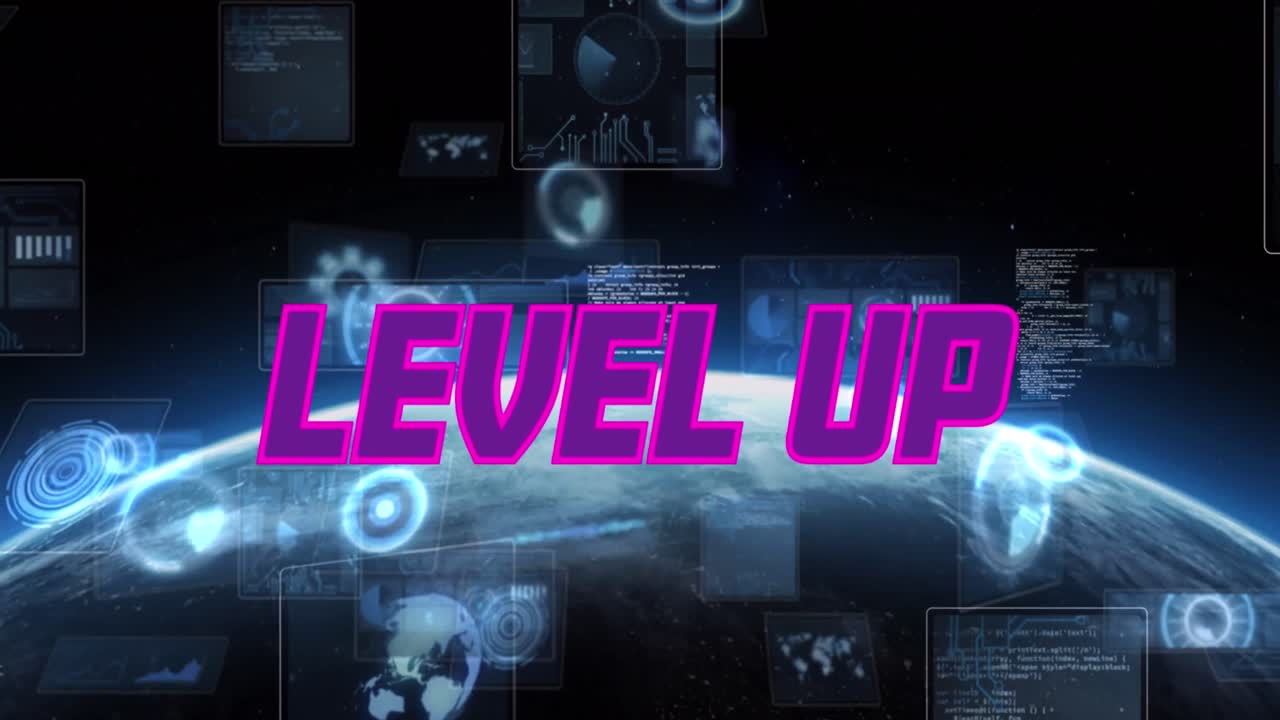 Animation of level up text and data processing with globe on black background