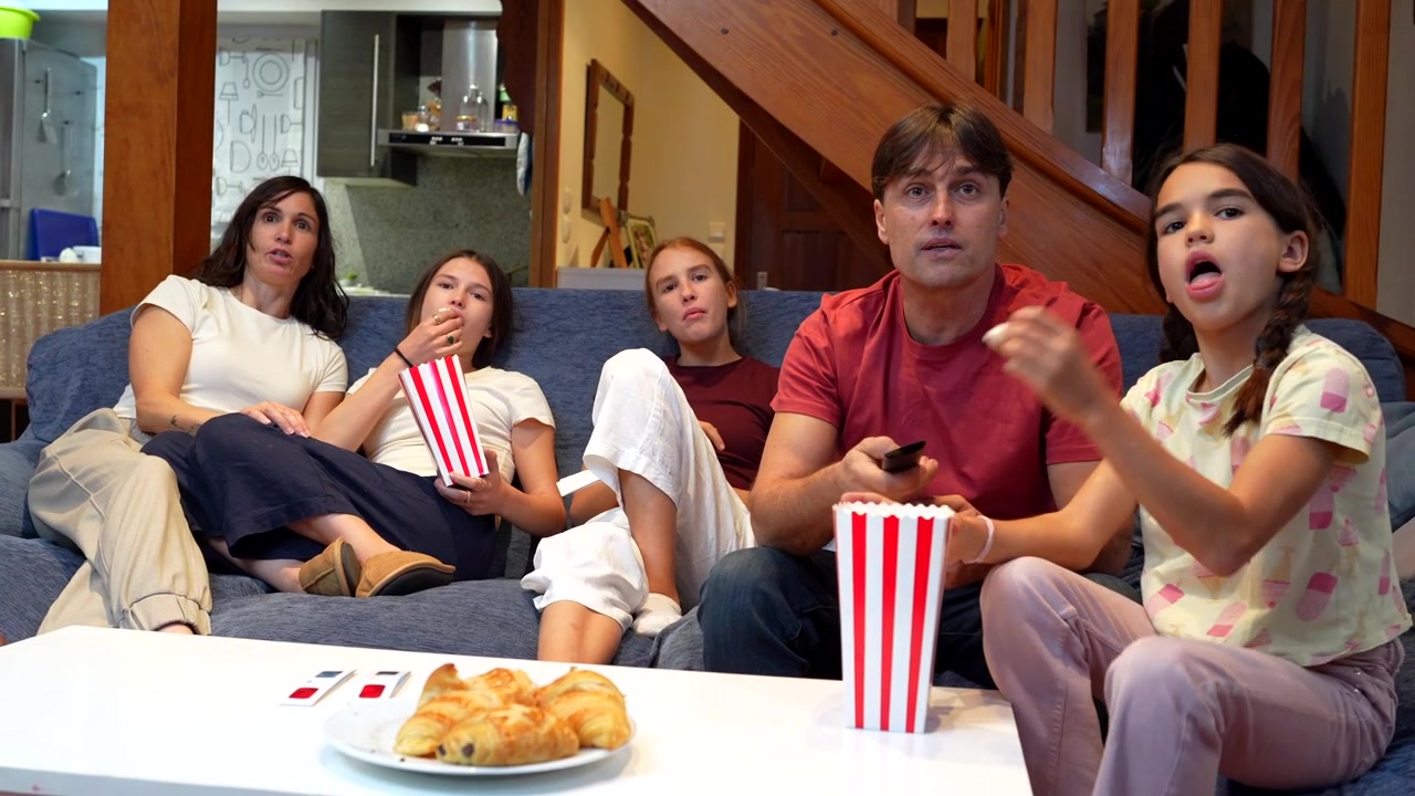 Famiglia che guarda un film insieme sul divano a casa