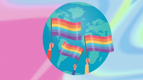 Animation-of-rainbow-flags-over-globe-on-pastel-background