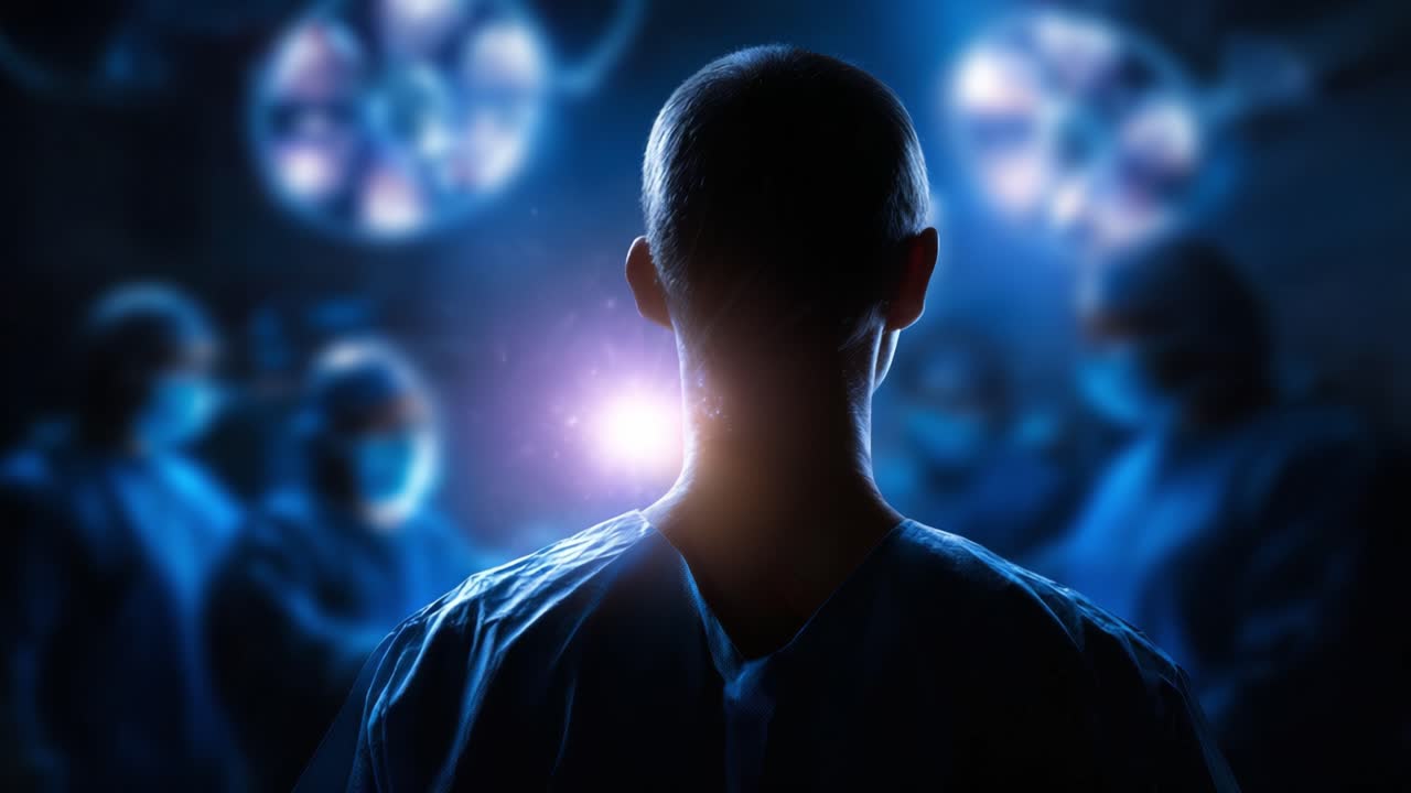 Un professionista sanitario si prepara per un intervento chirurgico in una sala operatoria high-tech con un team di chirurghi retroilluminati da intense luci chirurgiche in un'atmosfera concentrata
