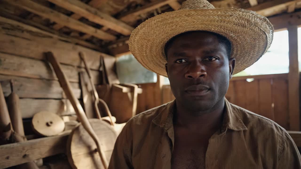 Man in Straw Hat with Wooden Tools