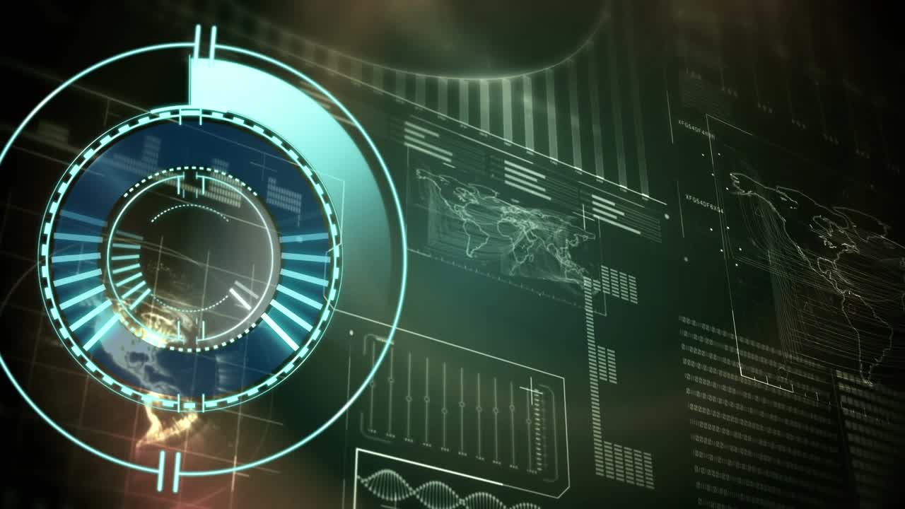 Animation of clock and statistics processing on dark background
