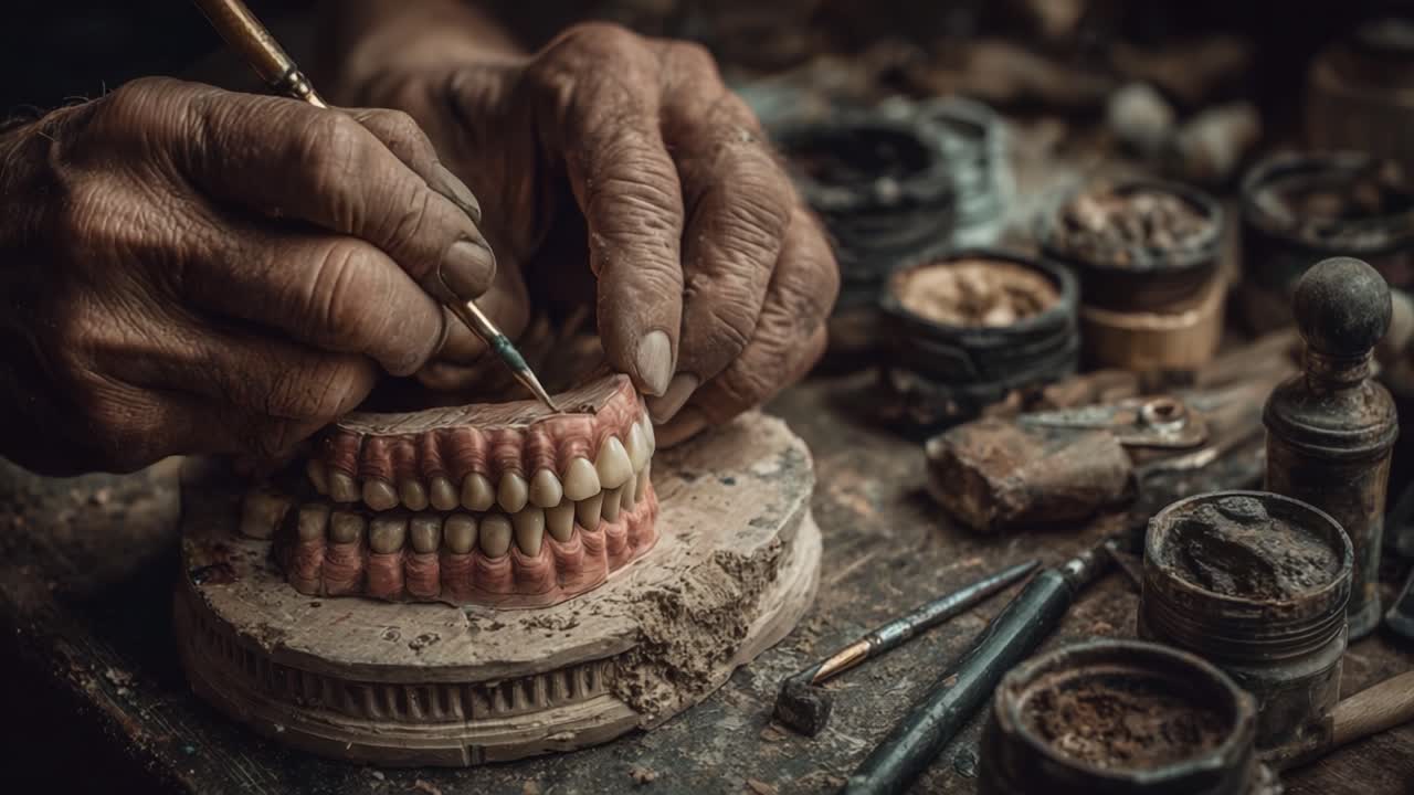 Artisan Crafting Detailed Dentures: An Expert's Hands Creating Realistic Prosthetic Teeth in a Rustic Workshop Setting