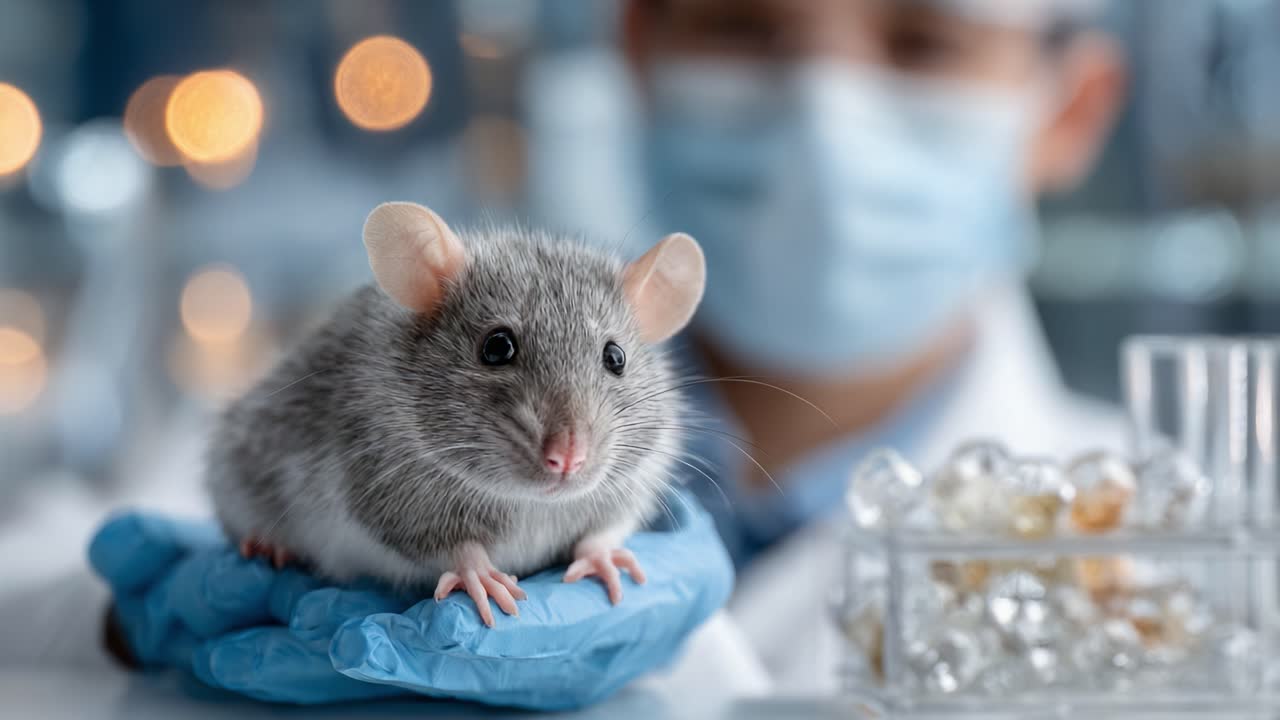 Primo piano di un topo da laboratorio tenuto con cura in un ambiente di ricerca, che mostra l'importanza della sperimentazione animale nella scienza e nella medicina