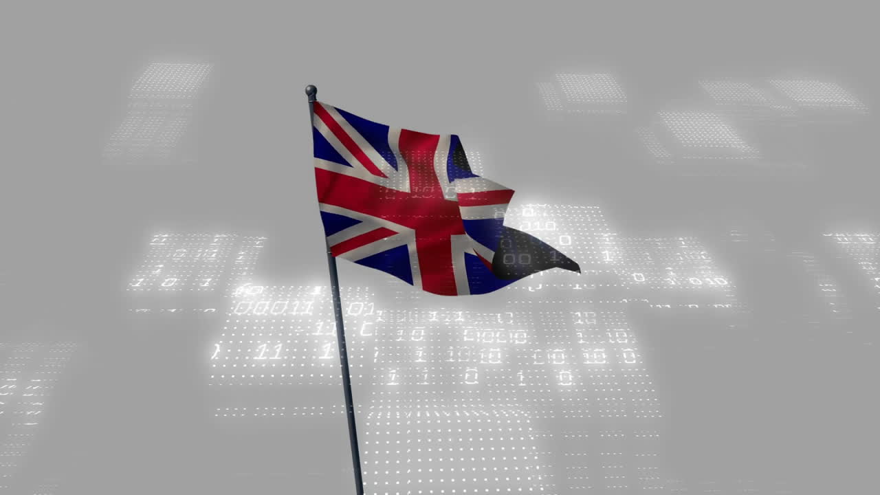bandera de la unión ondeando sobre la animación de procesamiento de datos digitales