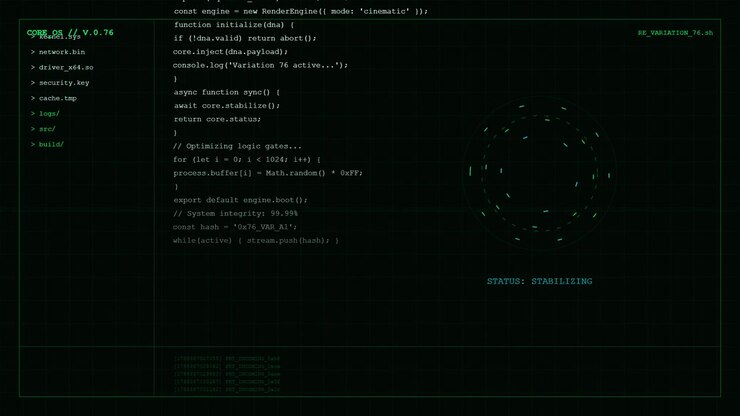 Digital Interface Displaying Computer Code and System Status