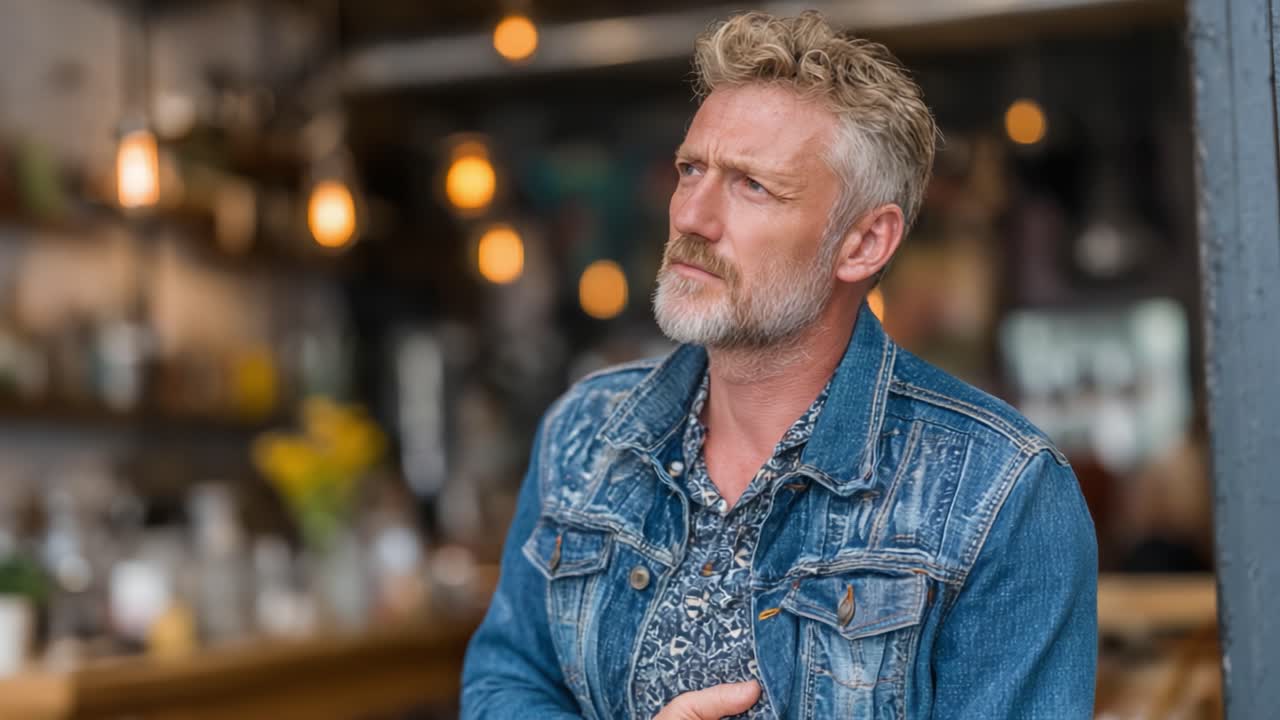Et eftertænksomt øjeblik fanget i hjertet af en pulserende café, der illustrerer en midaldrende mand i en cowboyjakke, som reflekterer over sine tanker midt i en livlig baggrund.