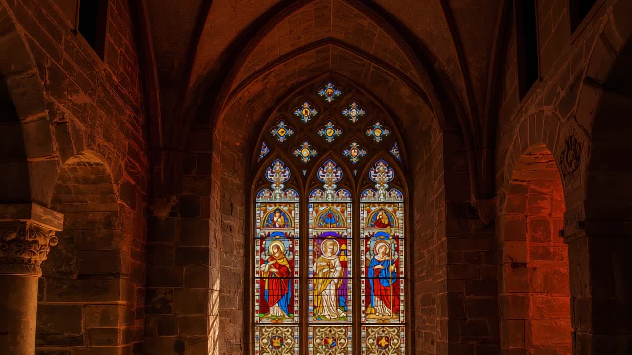 Shifting sunlight through stained glass window in chapel, illuminating columns with red glow