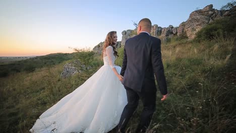 a bride and groom walking through a field of grass a bride and groom walking through a field of grass