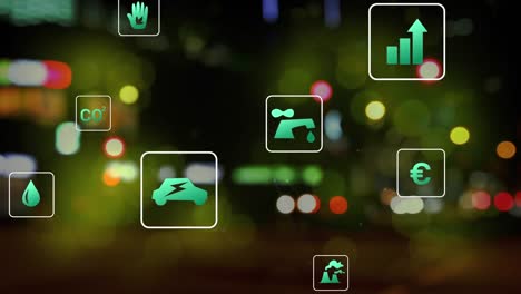 animación de icono en cuadrados sobre vista borrosa de llamaradas de lente y vehículos que se mueven en la calle en la ciudad