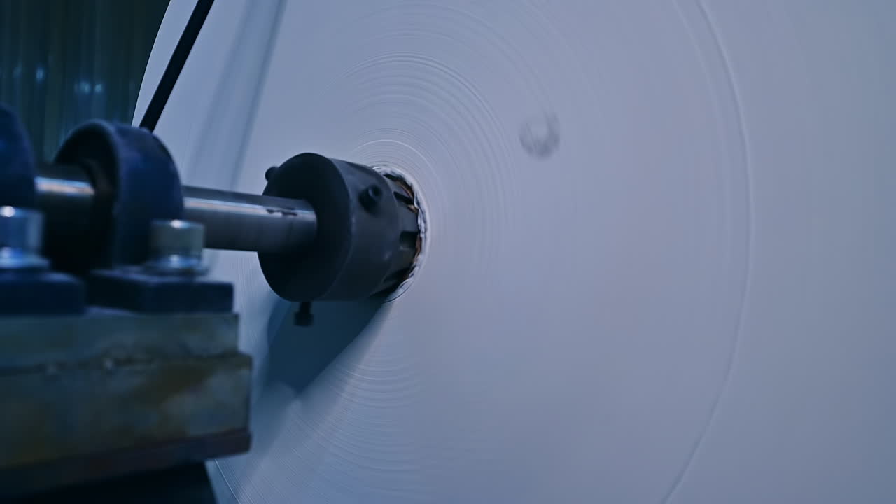Enormous rotating roll of white ribbon. The reel of cloth used for the manufacturing of diapers at the factory. Close up.