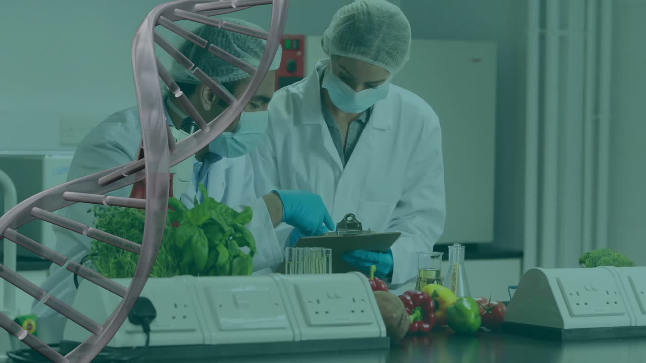 animación de la cadena de adn sobre diversos científicos que trabajan en el laboratorio