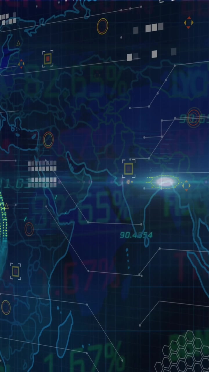 Animation of digital biometric padlock and data processing over world map background