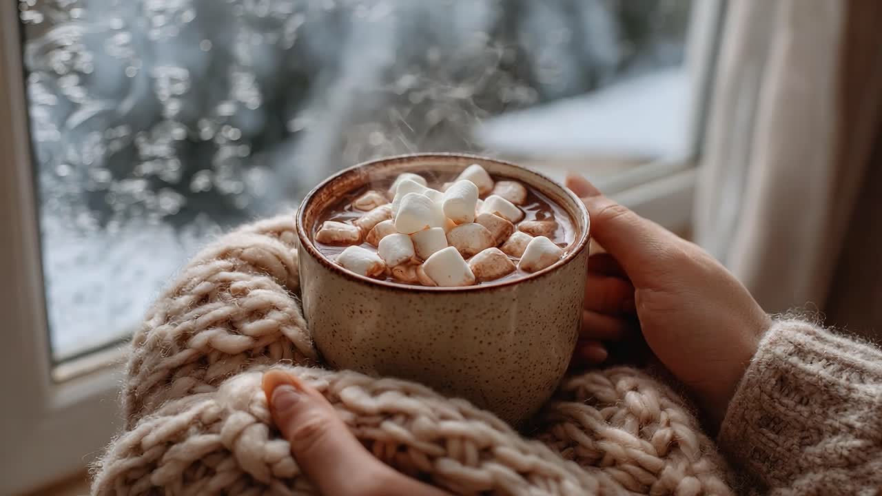 Cozy Moments by the Window: Indulging in a Warm Cup of Hot Cocoa with Marshmallows on a Frosty Day, Perfect for Cold Winter Evenings at Home