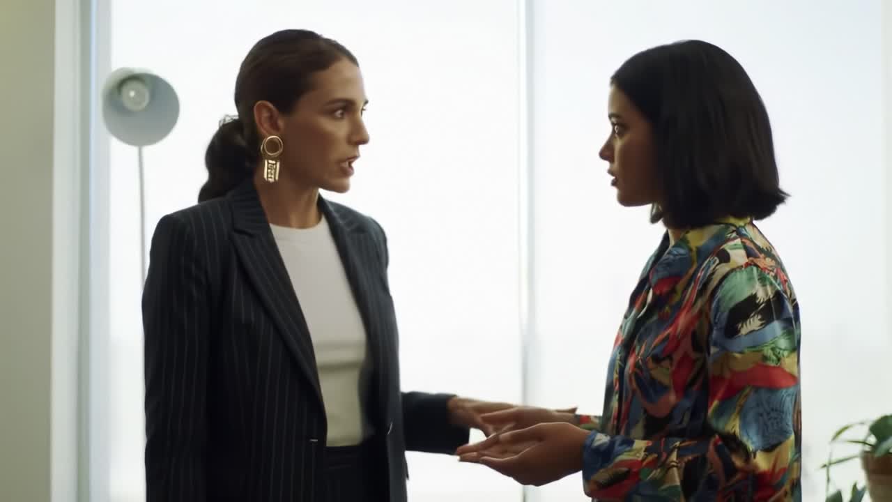 Two women engage in a serious discussion in a contemporary office environment. Their body language suggests tension as they navigate a challenging topic.